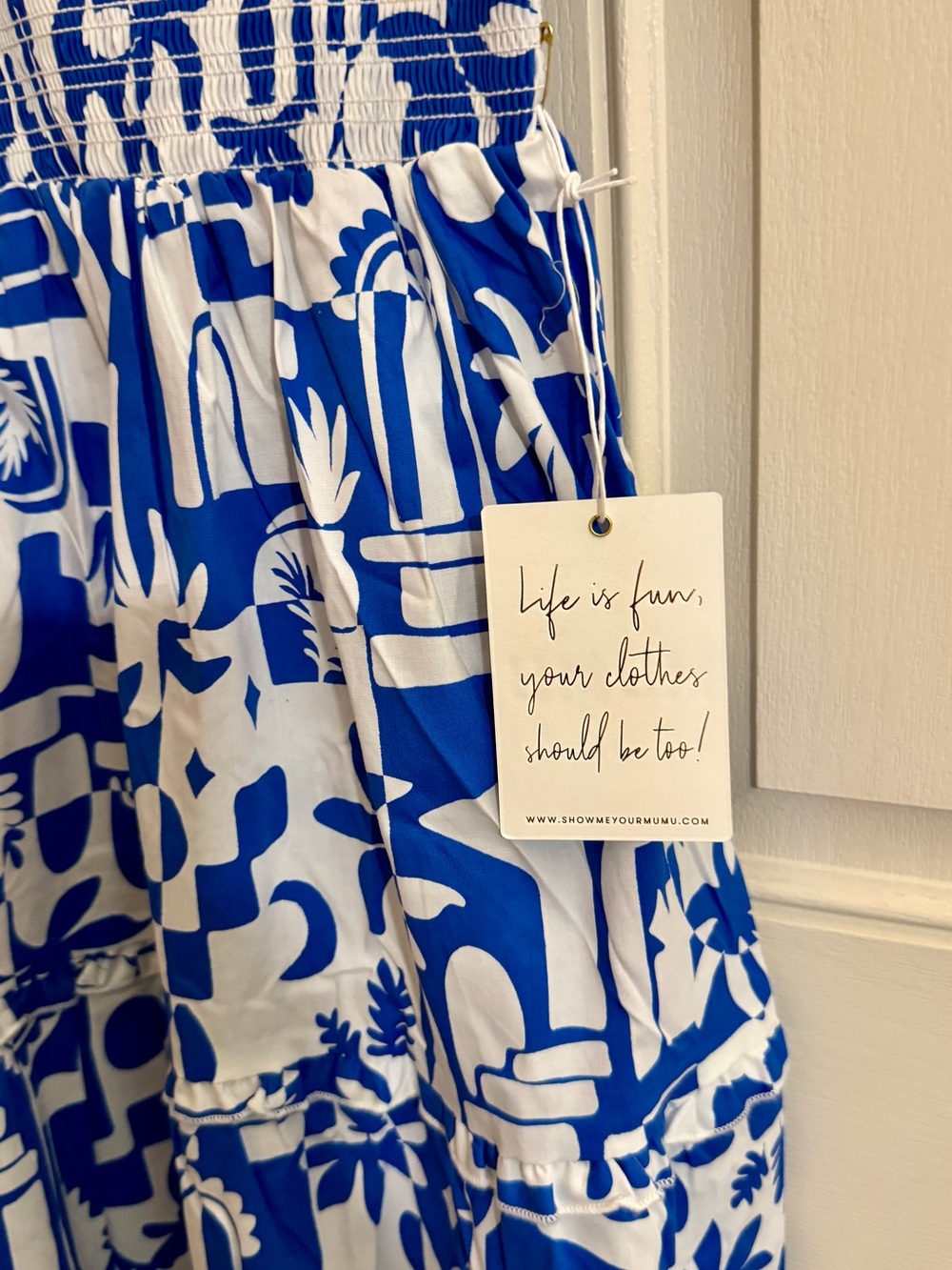 Show Me Your MuMu Blue & White Printed Smocked Midi Dress - Picture 6 of 7